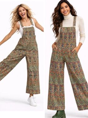 NWT Organic Cotton Floral Boho Jumpsuit – All Natural Wide-Leg Overalls Size XL